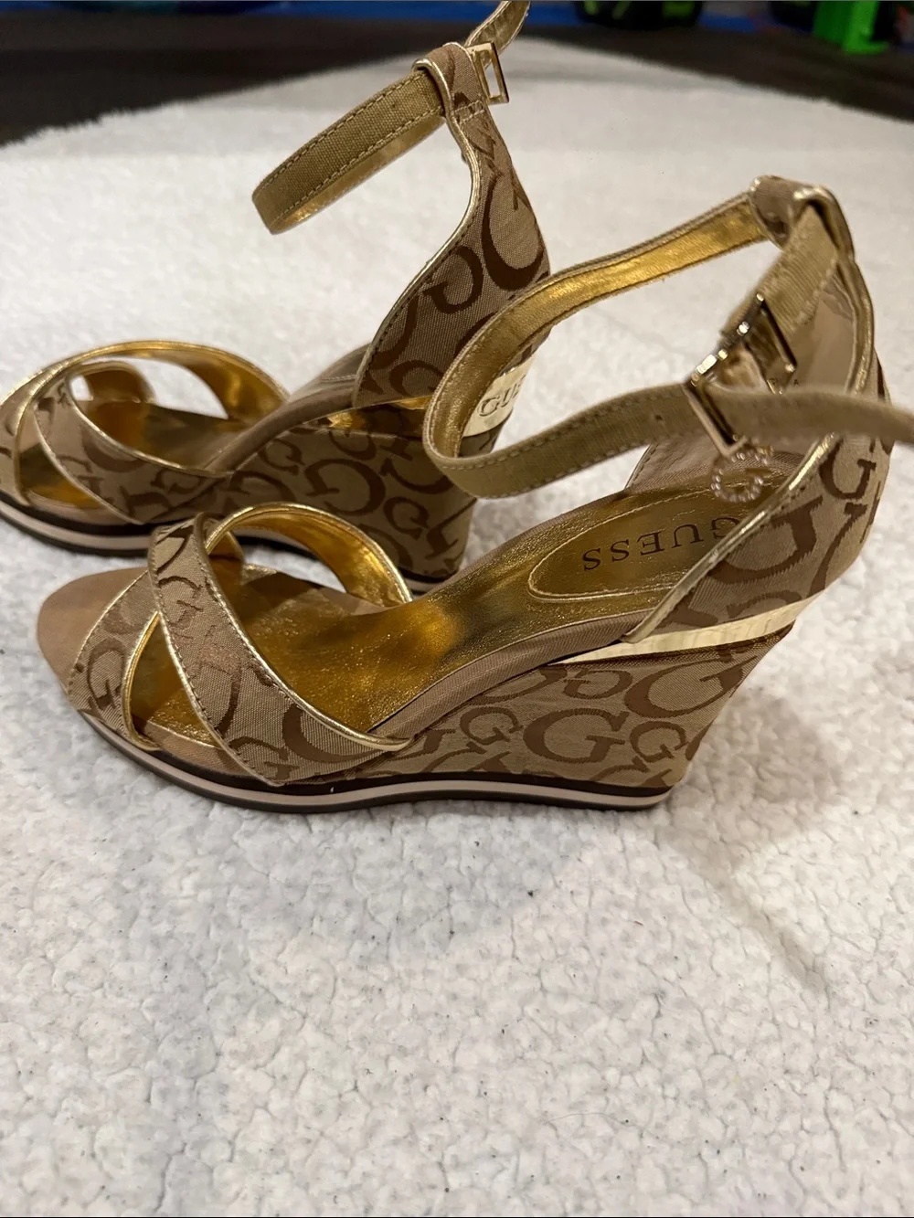 Guess Tan Logo Print Wedge Sandals with Ankle Strap